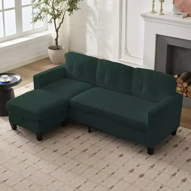 Divano componibile a L convertibile Mjkone 76 con pouf contenitore, divano a 3 posti in velluto a coste
