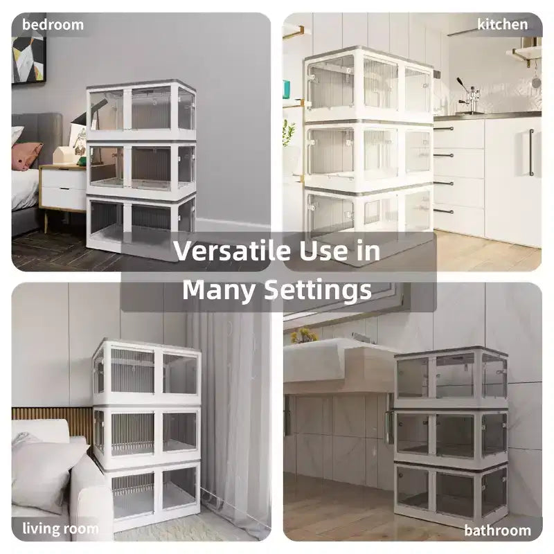 Confezione da 4 Contenitori Trasparenti Impilabili con 5 Sportelli Apribili e Ruote, Contenitori Pieghevoli in Plastica, Grandi Organizzatori per Armadi per Camere da Letto
