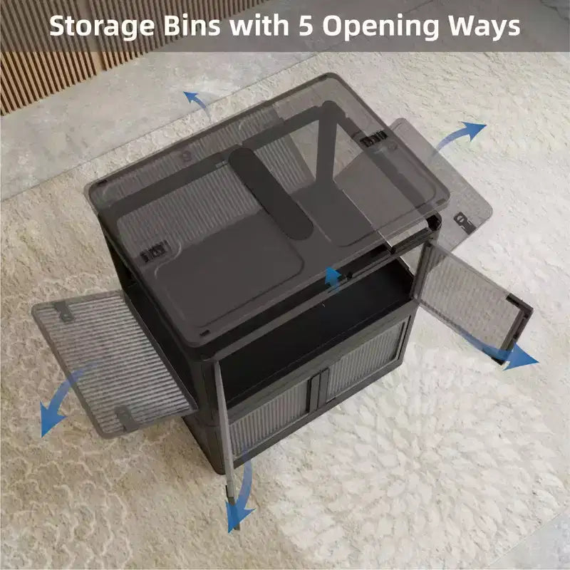 Confezione da 4 Contenitori Trasparenti Impilabili con 5 Sportelli Apribili e Ruote, Contenitori Pieghevoli in Plastica, Grandi Organizzatori per Armadi per Camere da Letto