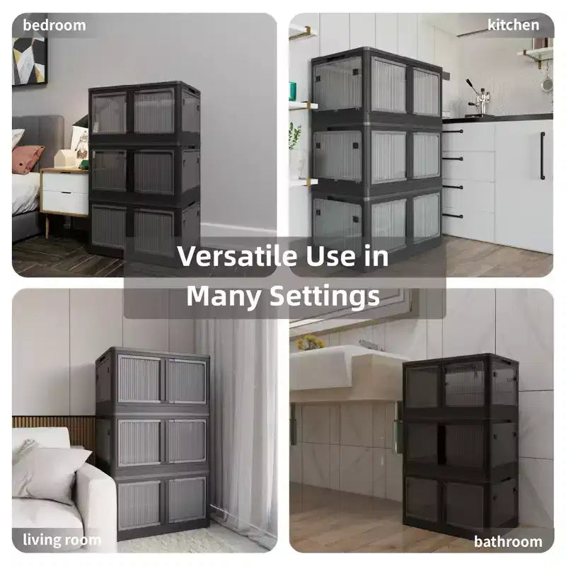 Confezione da 4 Contenitori Trasparenti Impilabili con 5 Sportelli Apribili e Ruote, Contenitori Pieghevoli in Plastica, Grandi Organizzatori per Armadi per Camere da Letto