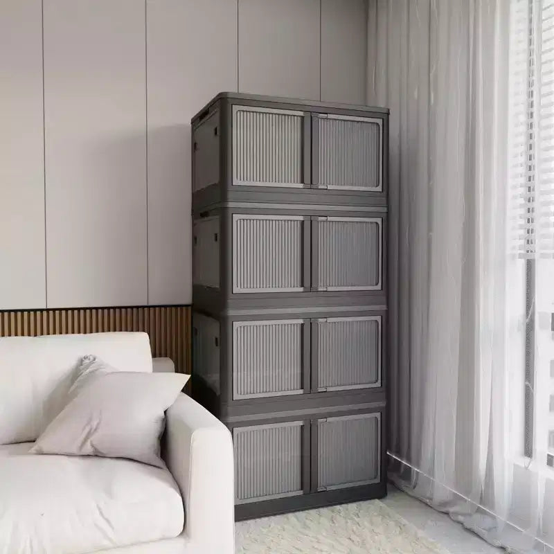 Confezione da 4 Contenitori Trasparenti Impilabili con 5 Sportelli Apribili e Ruote, Contenitori Pieghevoli in Plastica, Grandi Organizzatori per Armadi per Camere da Letto