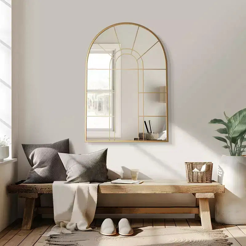 Iron Art Right Angle Double Arch Golden Grid Wall Mirror 105*70*2cm