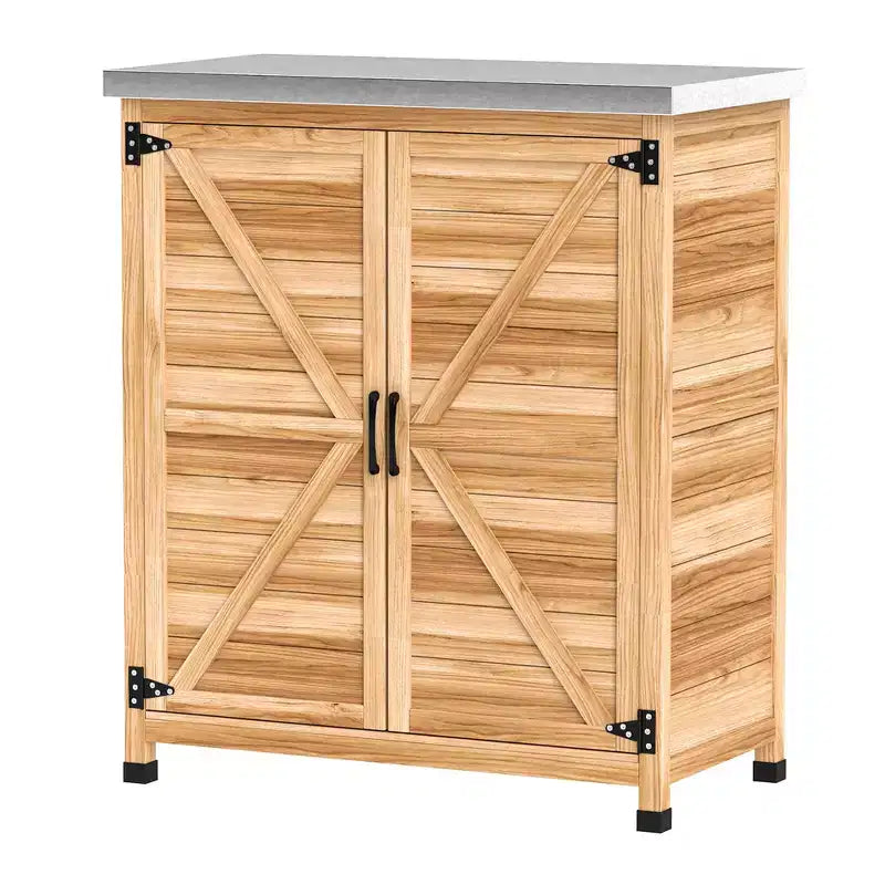 Outsunny Mobiletto Contenitore in Legno, Stazione di Preparazione Esterna con Piano in Metallo e Ripiano, Mobile Contenitore da Patio con Doppie Ante