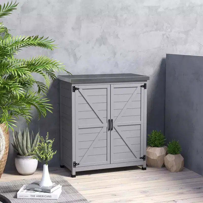Outsunny Mobiletto Contenitore in Legno, Stazione di Preparazione Esterna con Piano in Metallo e Ripiano, Mobile Contenitore da Patio con Doppie Ante