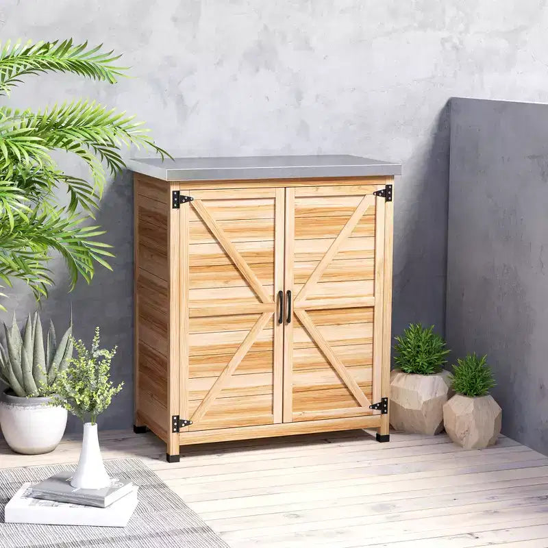 Outsunny Mobiletto Contenitore in Legno, Stazione di Preparazione Esterna con Piano in Metallo e Ripiano, Mobile Contenitore da Patio con Doppie Ante