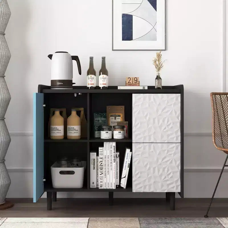 Credenza Nera con Ante Rosse - 2 Cassetti, 2 Vani Aperti, Mobile Contenitore Moderno