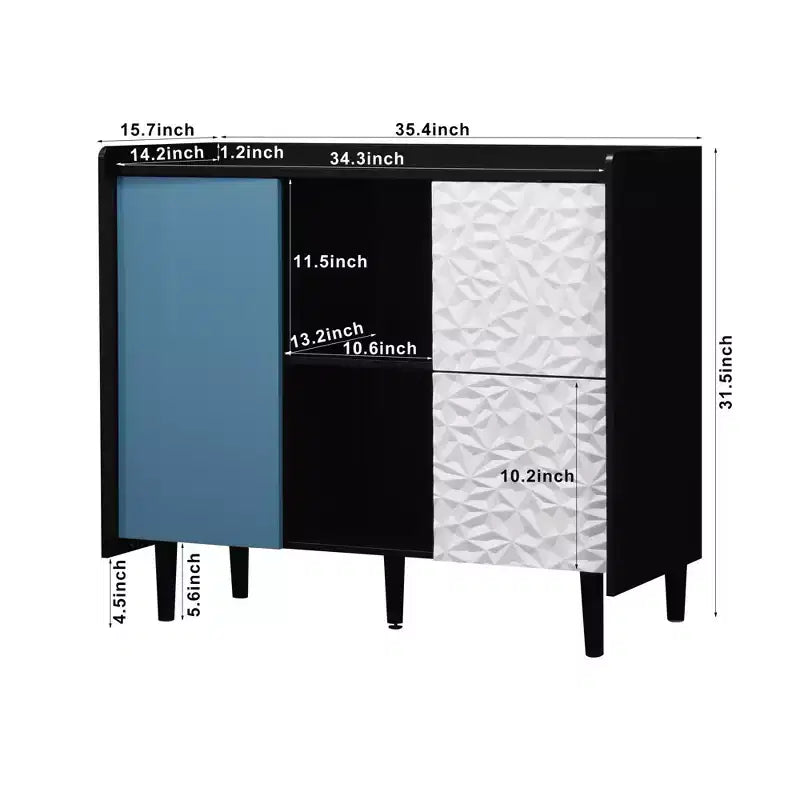 Credenza Nera con Ante Rosse - 2 Cassetti, 2 Vani Aperti, Mobile Contenitore Moderno