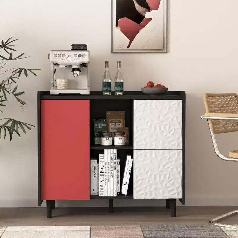 Credenza Nera con Ante Rosse - 2 Cassetti, 2 Vani Aperti, Mobile Contenitore Moderno