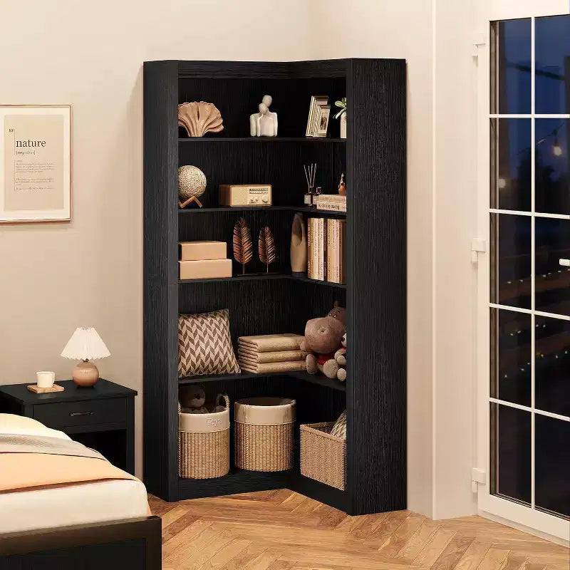 Libreria angolare da 71,8'', libreria in legno a 5 ripiani stile rustico con kit antiribaltamento, organizer per riporre oggetti