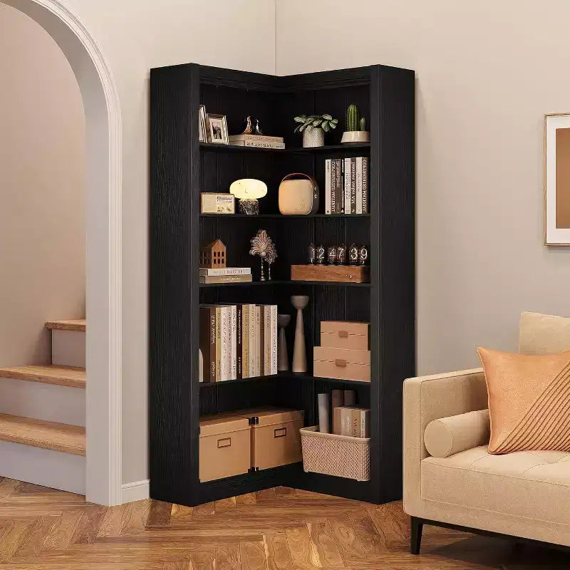 Libreria angolare da 71,8'', libreria in legno a 5 ripiani stile rustico con kit antiribaltamento, organizer per riporre oggetti