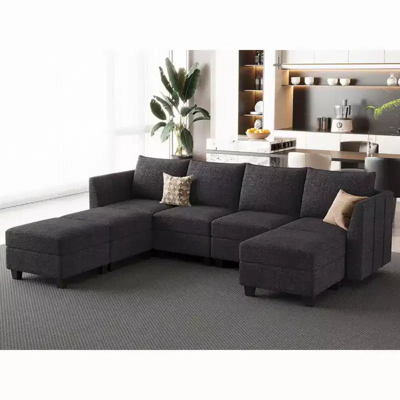 Divano componibile modulare Belffin, grande divano a U in ciniglia con contenitore, chaise longue a 7 posti per soggiorno