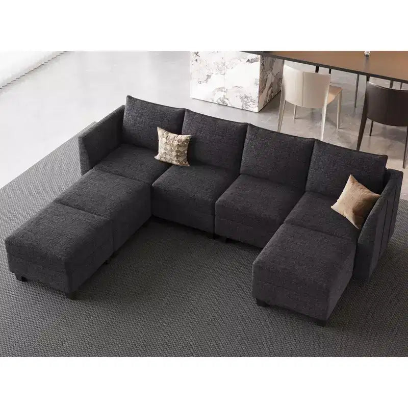 Divano componibile modulare Belffin, grande divano a U in ciniglia con contenitore, chaise longue a 7 posti per soggiorno