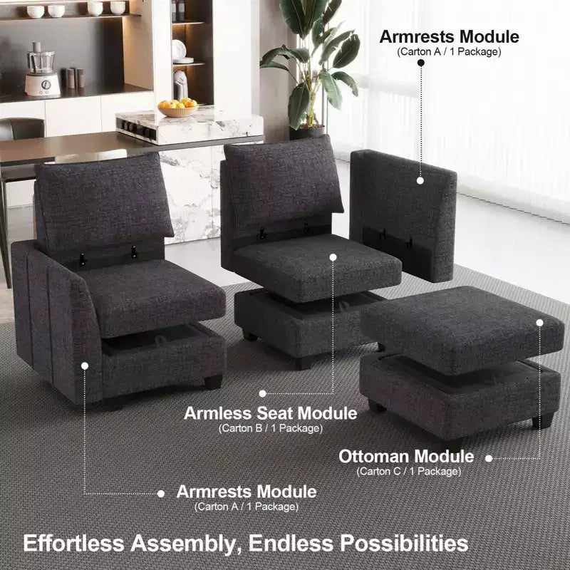 Divano componibile modulare Belffin, grande divano a U in ciniglia con contenitore, chaise longue a 7 posti per soggiorno