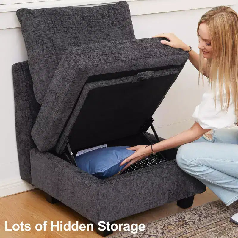 Divano componibile modulare Belffin, grande divano a U in ciniglia con contenitore, chaise longue a 7 posti per soggiorno