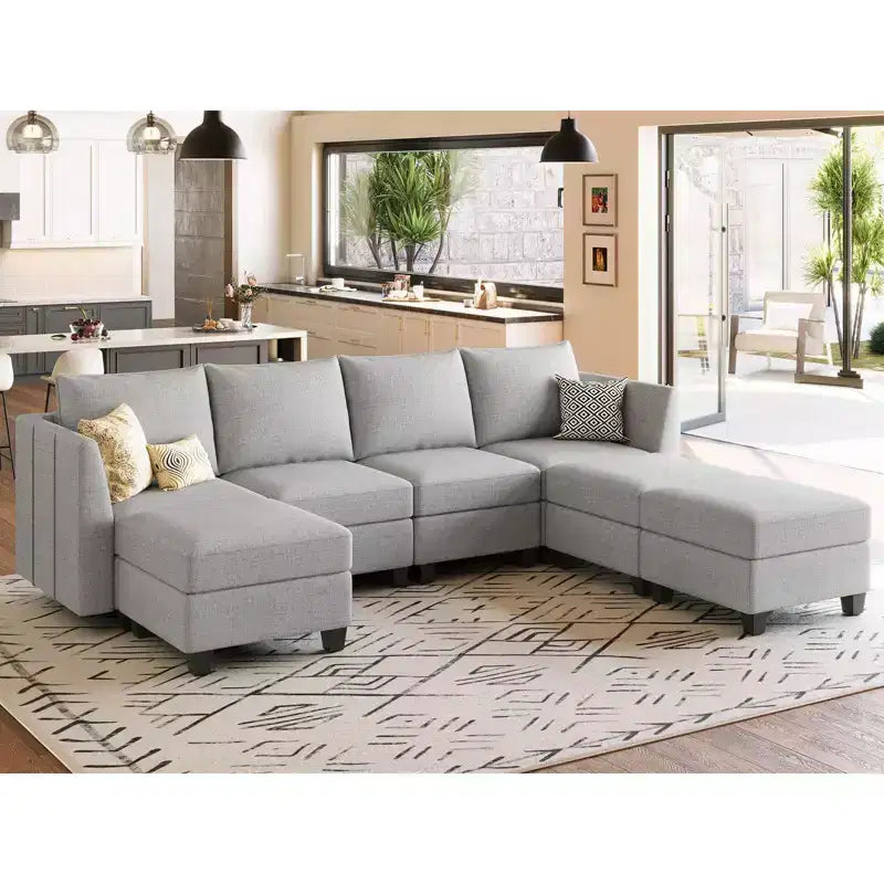 Divano componibile modulare Belffin, grande divano a U in ciniglia con contenitore, chaise longue a 7 posti per soggiorno