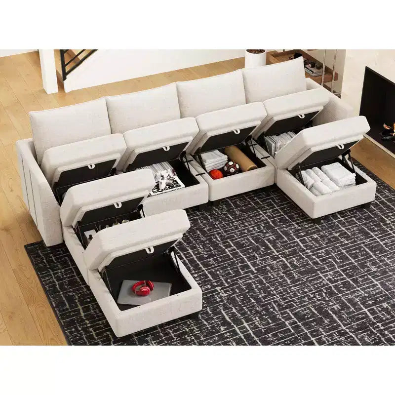 Divano componibile modulare Belffin, grande divano a U in ciniglia con contenitore, chaise longue a 7 posti per soggiorno