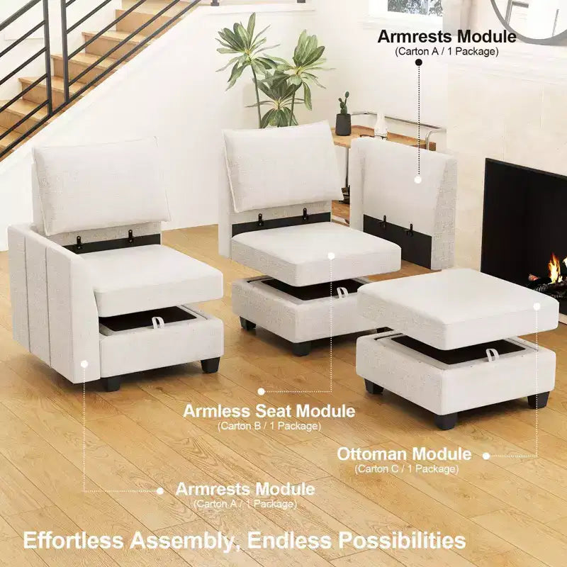 Divano componibile modulare Belffin, grande divano a U in ciniglia con contenitore, chaise longue a 7 posti per soggiorno