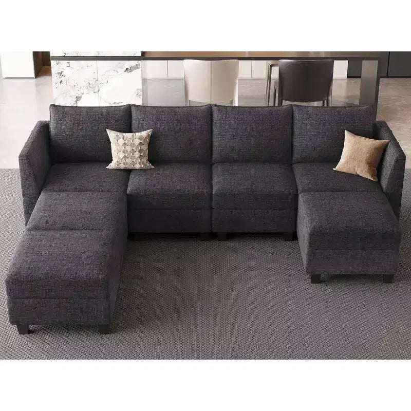 Divano componibile modulare Belffin, grande divano a U in ciniglia con contenitore, chaise longue a 7 posti per soggiorno