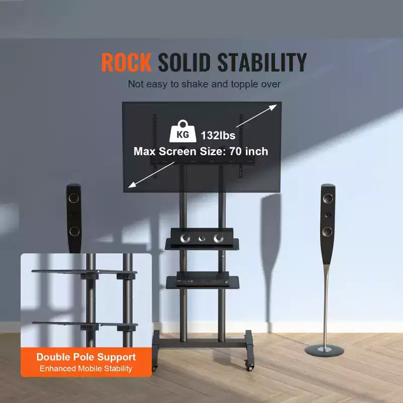 Supporto TV VEVOR, Carrello TV Mobile per TV da 32 a 70 pollici, Supporto TV Portatile Regolabile in Altezza con Ruote, Doppio Vassoio per Dispositivi Audio-Video