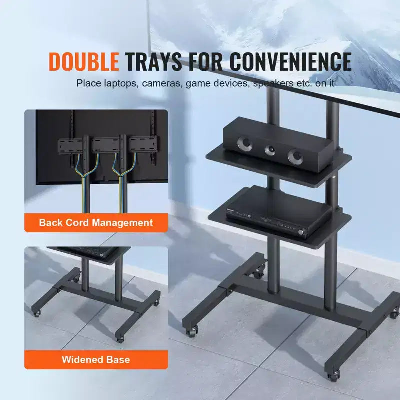 Supporto TV VEVOR, Carrello TV Mobile per TV da 32 a 70 pollici, Supporto TV Portatile Regolabile in Altezza con Ruote, Doppio Vassoio per Dispositivi Audio-Video
