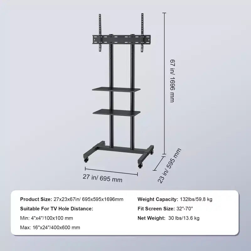 Supporto TV VEVOR, Carrello TV Mobile per TV da 32 a 70 pollici, Supporto TV Portatile Regolabile in Altezza con Ruote, Doppio Vassoio per Dispositivi Audio-Video