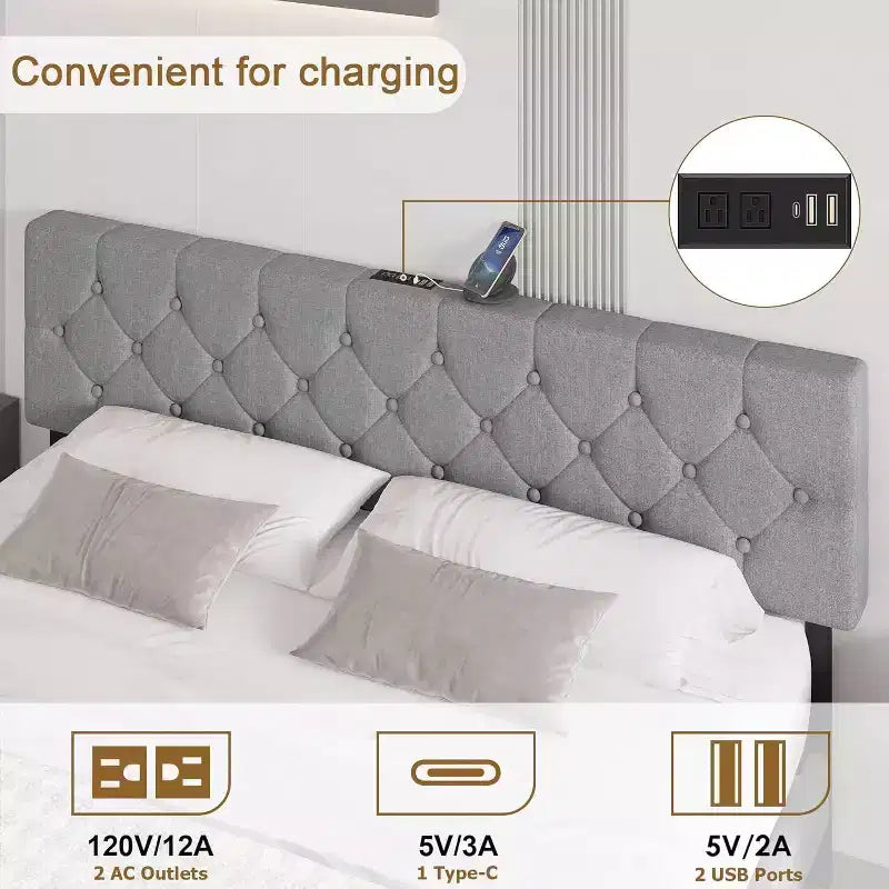 Struttura letto matrimoniale, piattaforma imbottita con testiera regolabile, rivestimento in tessuto di lino, porte USB, nessuna necessità di rete a molle, facile montaggio, grigio chiaro