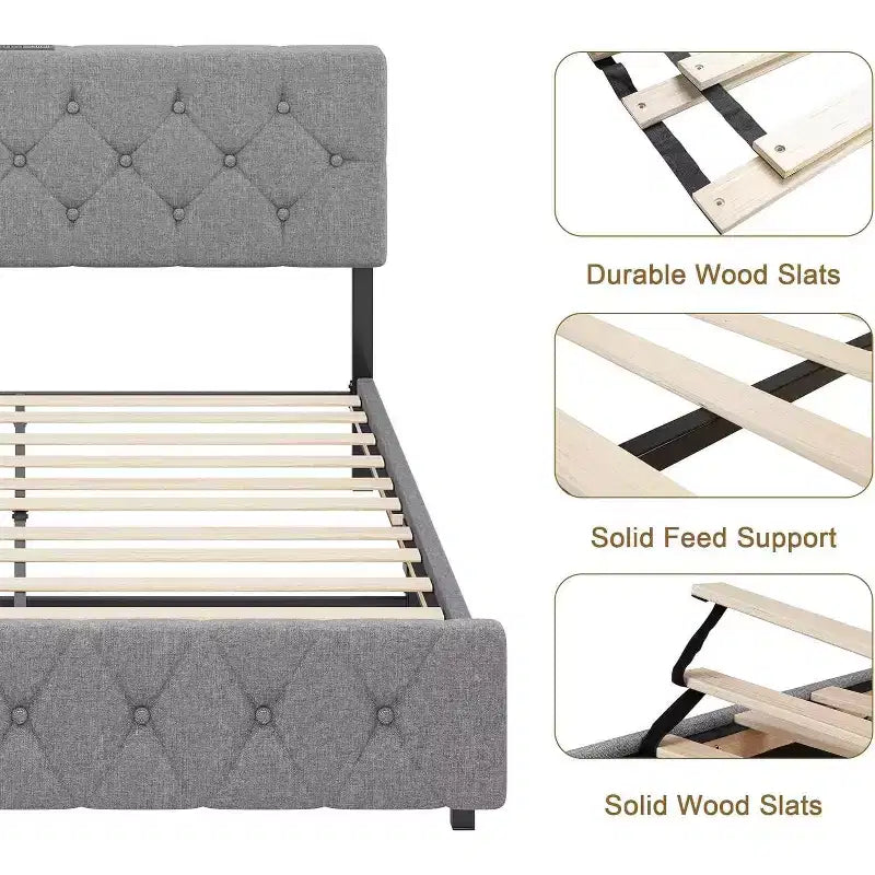 Struttura letto matrimoniale, piattaforma imbottita con testiera regolabile, rivestimento in tessuto di lino, porte USB, nessuna necessità di rete a molle, facile montaggio, grigio chiaro