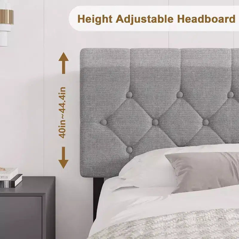 Struttura letto matrimoniale, piattaforma imbottita con testiera regolabile, rivestimento in tessuto di lino, porte USB, nessuna necessità di rete a molle, facile montaggio, grigio chiaro