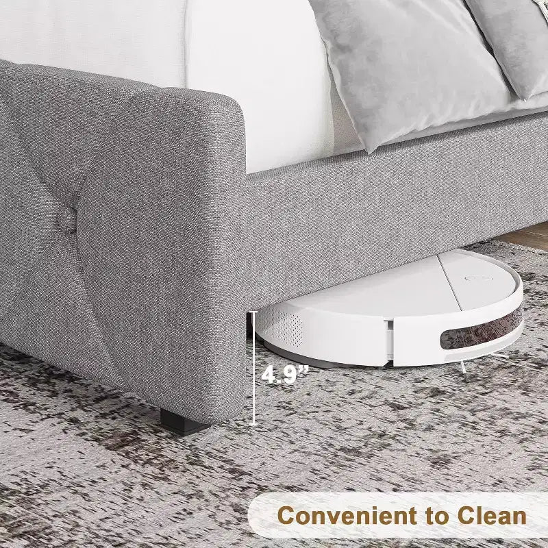 Struttura letto matrimoniale, piattaforma imbottita con testiera regolabile, rivestimento in tessuto di lino, porte USB, nessuna necessità di rete a molle, facile montaggio, grigio chiaro