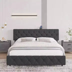 Struttura letto matrimoniale, piattaforma imbottita con testiera regolabile, rivestimento in tessuto di lino, porte USB, nessuna necessità di rete a molle, facile montaggio, grigio chiaro
