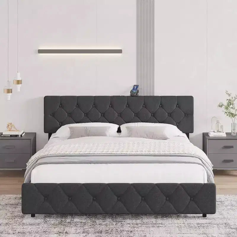Struttura letto matrimoniale, piattaforma imbottita con testiera regolabile, rivestimento in tessuto di lino, porte USB, nessuna necessità di rete a molle, facile montaggio, grigio chiaro