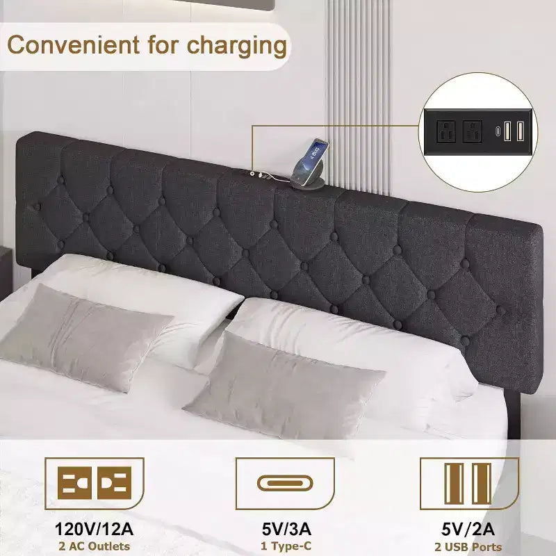 Struttura letto matrimoniale, piattaforma imbottita con testiera regolabile, rivestimento in tessuto di lino, porte USB, nessuna necessità di rete a molle, facile montaggio, grigio chiaro