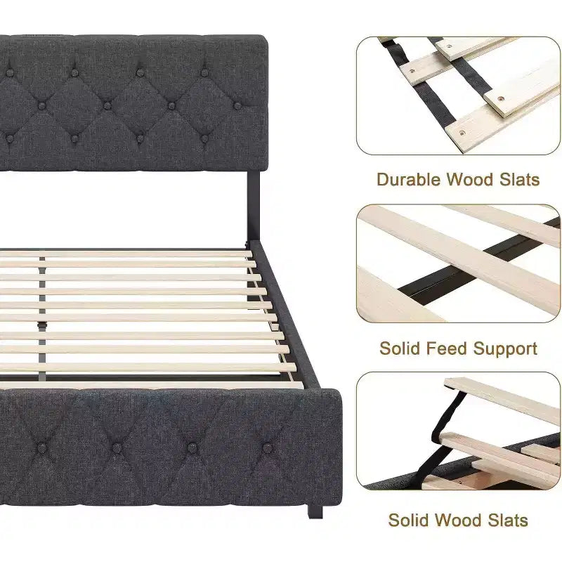 Struttura letto matrimoniale, piattaforma imbottita con testiera regolabile, rivestimento in tessuto di lino, porte USB, nessuna necessità di rete a molle, facile montaggio, grigio chiaro