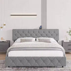 Struttura letto matrimoniale, piattaforma imbottita con testiera regolabile, rivestimento in tessuto di lino, porte USB, nessuna necessità di rete a molle, facile montaggio, grigio chiaro