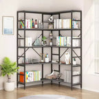 Libreria ad Angolo a 5 Ripiani, Libreria Industriale a L in Legno, Scaffale Grande con Cornice in Metallo, per Casa, Ufficio, Soggiorno, Cucina