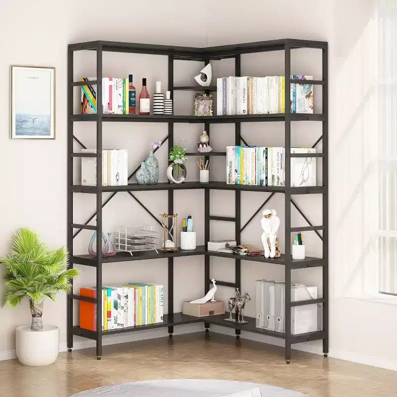 Libreria ad Angolo a 5 Ripiani, Libreria Industriale a L in Legno, Scaffale Grande con Cornice in Metallo, per Casa, Ufficio, Soggiorno, Cucina