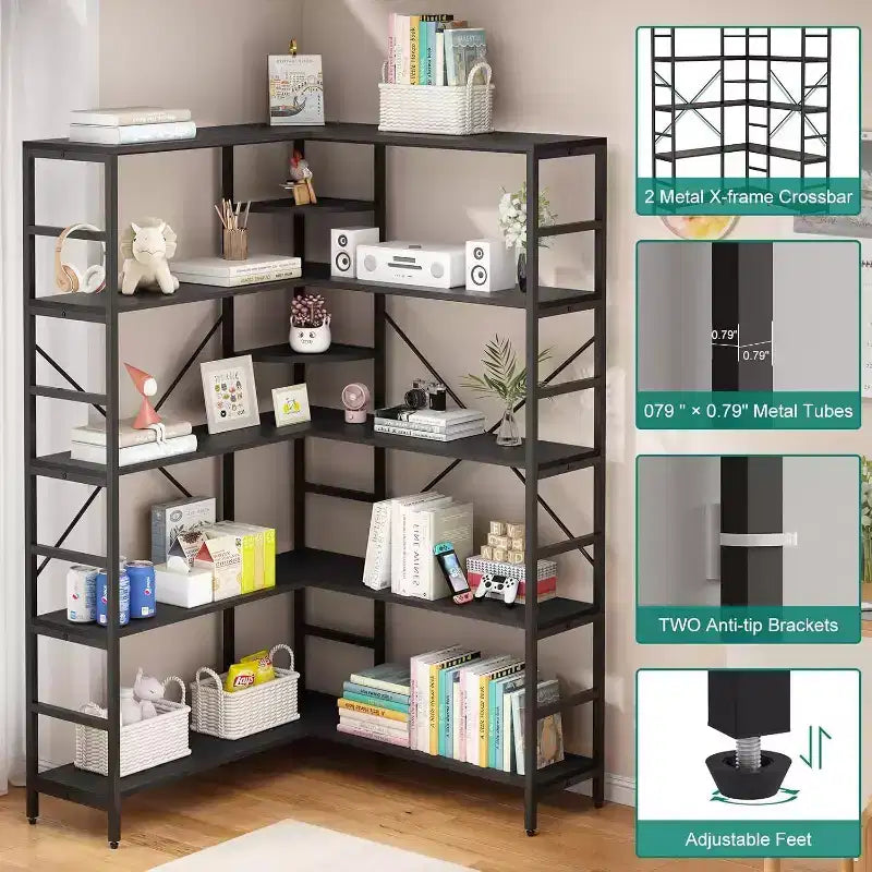 Libreria ad Angolo a 5 Ripiani, Libreria Industriale a L in Legno, Scaffale Grande con Cornice in Metallo, per Casa, Ufficio, Soggiorno, Cucina