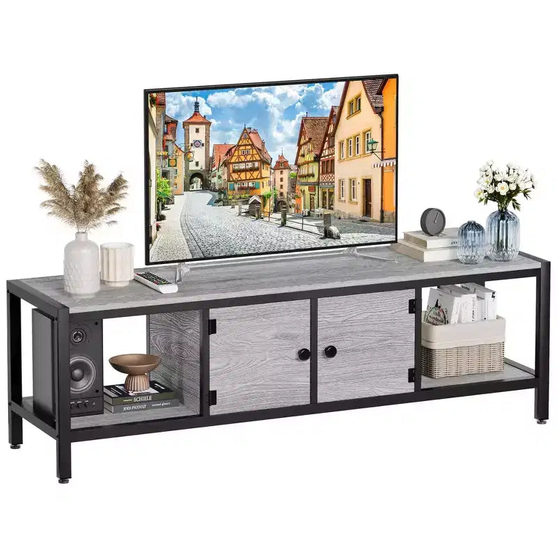Mobile TV rustico Whizmax 65 per TV fino a 75 pollici, Centro di intrattenimento con contenitore, 2 ante e gambe regolabili, Ripiani aperti per soggiorno
