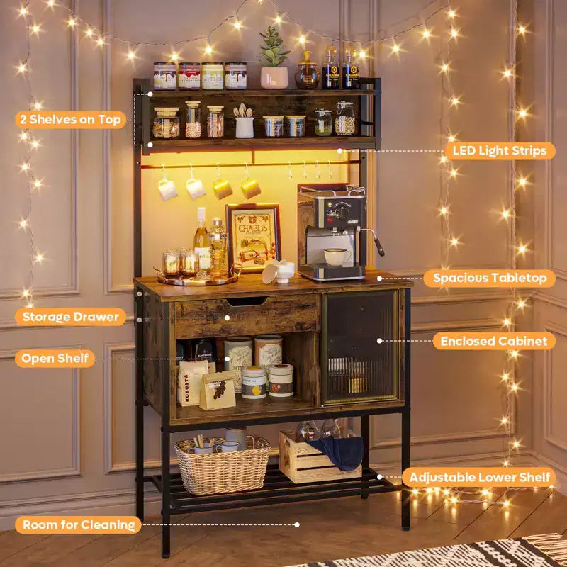 Besiter 60 Scaffale da Cucina per Panettieri con Luce LED, Supporto per Microonde a 6 Livelli con Cassetto Contenitore e 8 Ganci