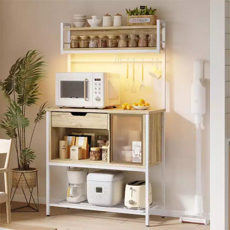 Besiter 60 Scaffale da Cucina per Panettieri con Luce LED, Supporto per Microonde a 6 Livelli con Cassetto Contenitore e 8 Ganci