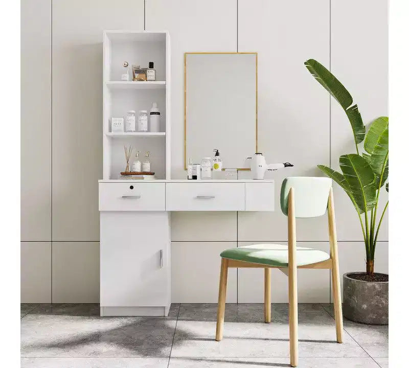 Okak Tavolo da Trucco con Luci, Moderna ed Elegante Toeletta con Sistema di Archiviazione Multi-Livello e Specchio Integrato, Set Trucco da Camera da Letto Salvaspazio, Bianco