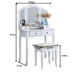 Set toeletta Okak con tavolo e sedia, scrivania da trucco e sgabello in legno per camera da letto e soggiorno, bianco