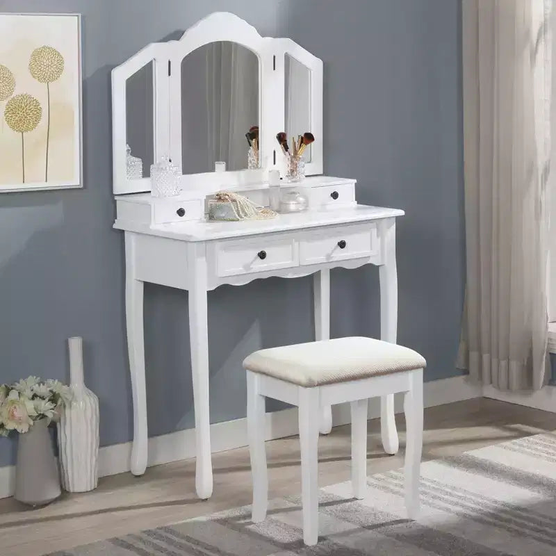 Set toeletta Okak con tavolo e sedia, scrivania da trucco e sgabello in legno per camera da letto e soggiorno, bianco