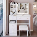 Okak Vanity Table with Drawers and Lights,37 Left-Side Vanity Desk with Cushioned Stool & Extra-Large Touch Sliding LED Mirror,White