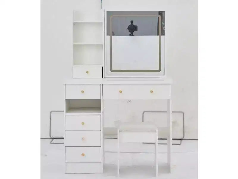 Okak Tavolo da Trucco con Cassetti e Luci, 37 Scrivania da Trucco con Sgabello Imbottito e Specchio a LED Scorrevoli Touch Extra-Large, Bianco
