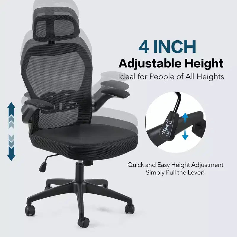 Sedia da ufficio ergonomica in rete con poggiatesta, supporto lombare e braccioli ribaltabili