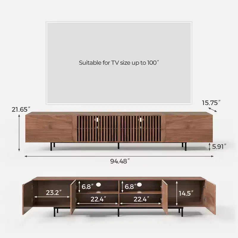 Luck Live Supporti TV moderni di metà secolo da 94,48 pollici, console, centro multimediale fino a 100 pollici con armadietti e ante in legno e struttura in metallo, color noce