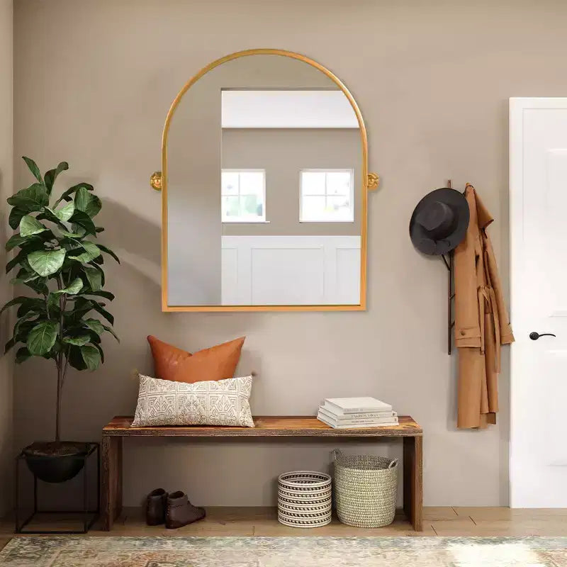 Specchio da bagno ad arco 31x24 con accessori, specchio da parete girevole in ferro, specchio da parete montato a parete per camera da letto, soggiorno, ingresso, oro