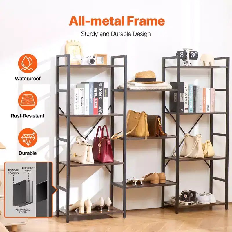 VEVOR Scaffale Triplo in Metallo, Libreria Industriale a 11 Ripiani, Ampia Libreria Rustica Vintage con Ripiani Aperti, Scaffalatura Espositiva Indipendente