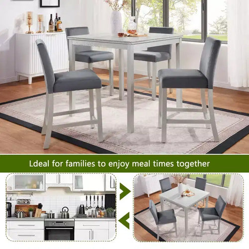 Set da tavolo a 5 pezzi ad altezza bancone con tavolo quadrato e 4 sedie imbottite, tavolo da pranzo ad altezza bancone con decorazione in cristallo e set di sedie